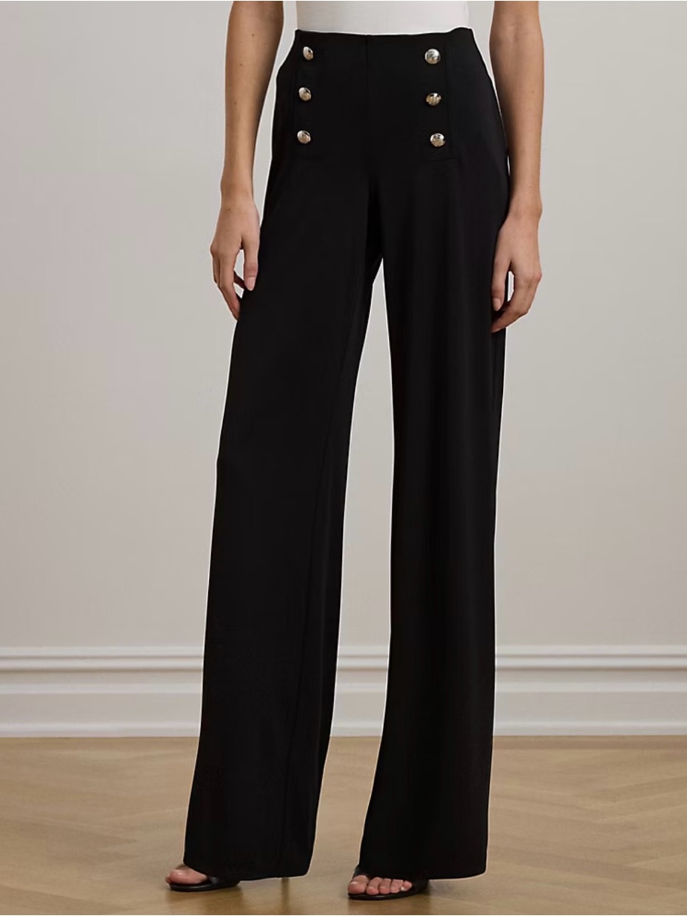 Express women’s 10/34 sailor style black trousers with brass detailed buttons